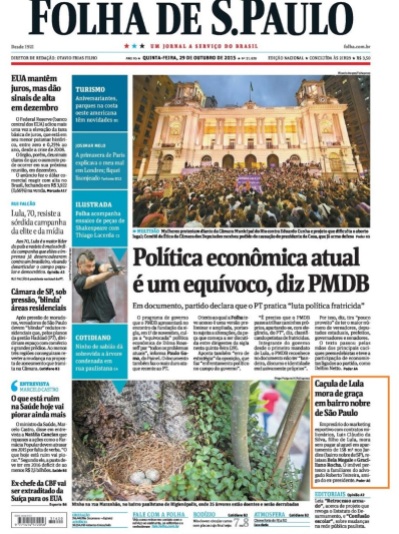 Capa do jornal Folha de São Paulo do dia 29-10-2015