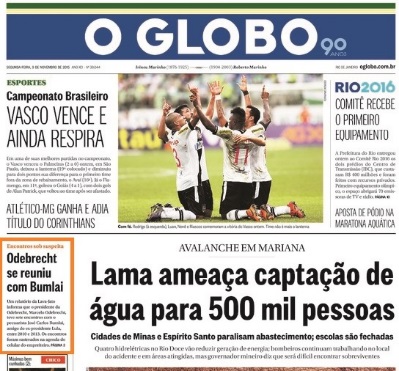 Capa do jornal O Globo do dia 09-11-2015